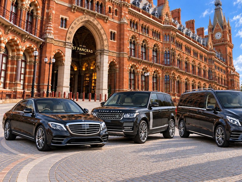 Mercedes-Benz S-Class, Range Rover and Mercedes-Benz V-Class parked outside St Pancras International station