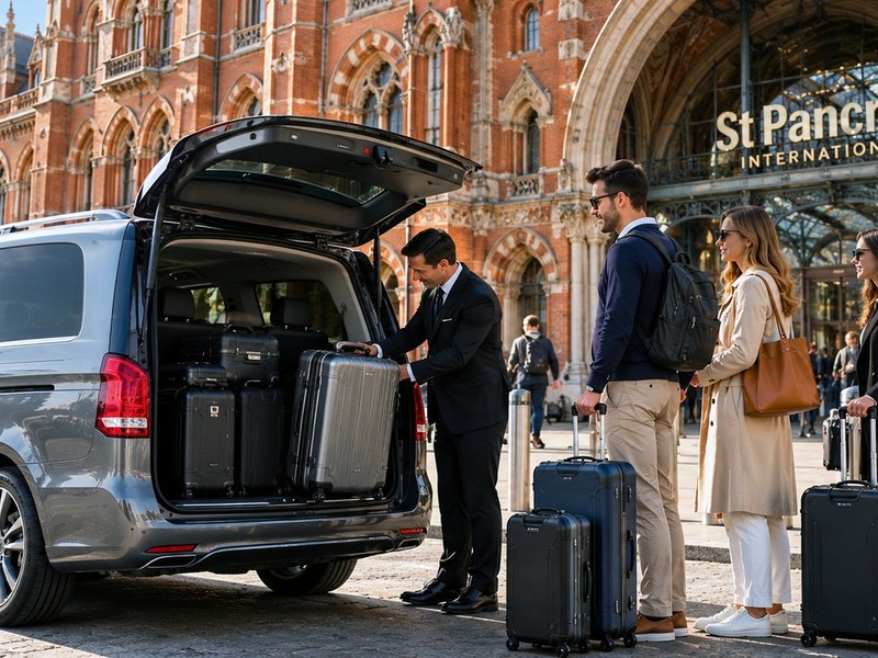 Driver loading luggage into a Mercedes-Benz V-Class outside St Pancras International station