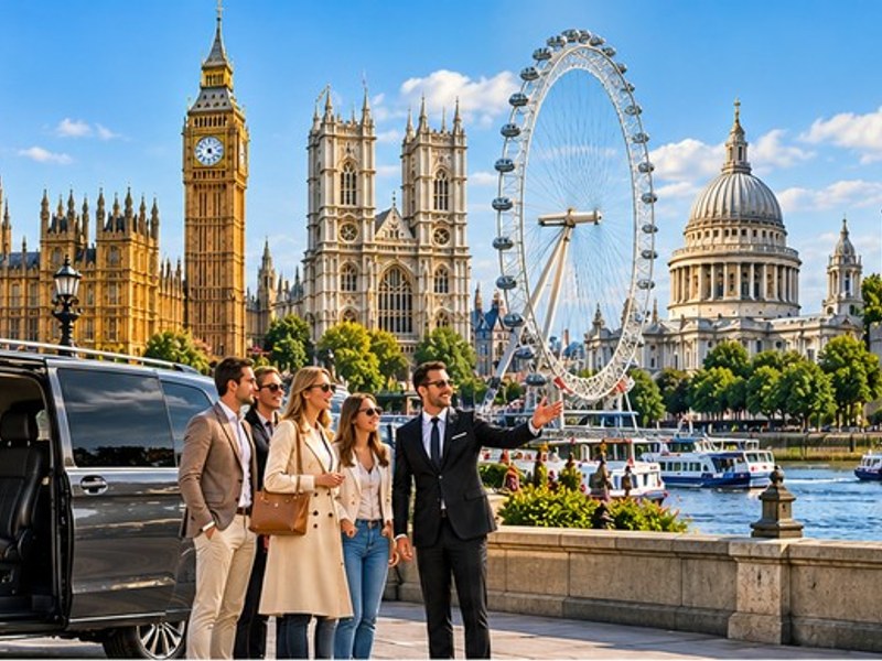 Sightseeing group beside a Mercedes-Benz V-Class on the South Bank, with Big Ben, Westminster Abbey, the London Eye and St Paul’s Cathedral along the skyline